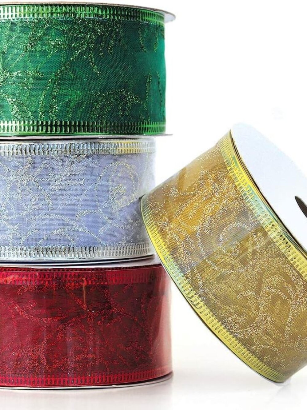4 Pack Christmas Ribbon Wired Christmas Ribbons for Gift Wrapping 1.5 Wire